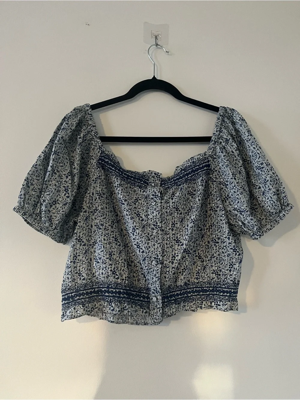 NWT Madewell Blue White Floral Puff Sleeve Crop Top Medium Cottagecore Cotton
